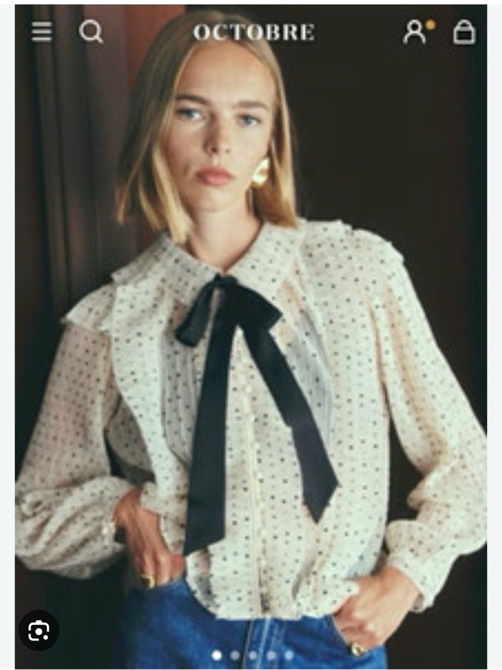 Cream Polka Dot Ruffled Blouse with Black Bow